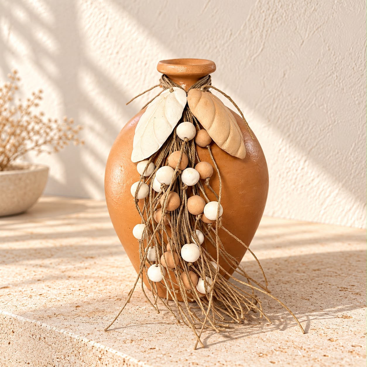 WhatsApp Image 2026-10-20 at 14.49.42 (2) Vaso de Cerâmica com Colar de Sisal e Folhas – Família Gomes - Imagem 1